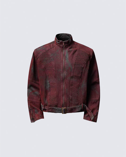 New Red Gothic Washed Belted Cropped Biker Jacket