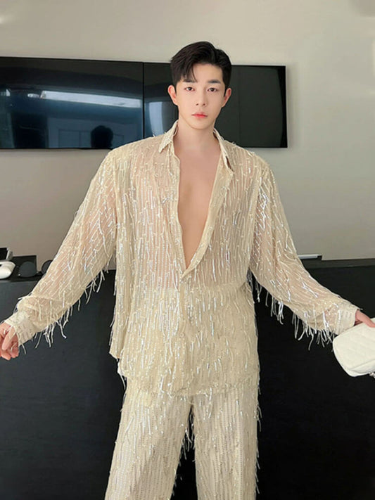 Men's Fashion Solid Color Sequined Tassel Shirt