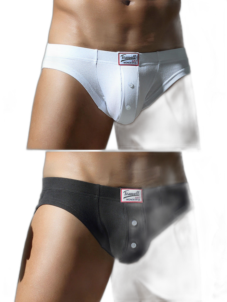 2 Pack Men's Ribbed Briefs with Decorative Button and Contour U-Pouch