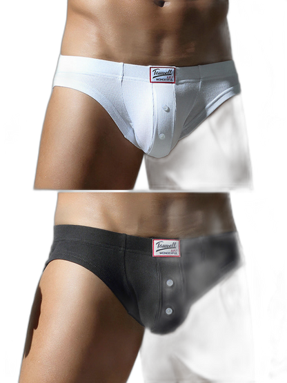 2 Pack Men's Ribbed Briefs with Decorative Button and Contour U-Pouch
