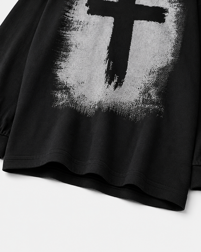 KIIKIO Vintage-Style Cross Print Long-Sleeve T-Shirt