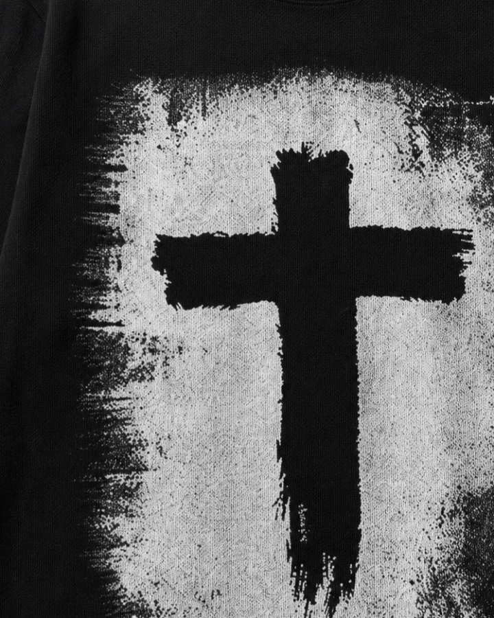 KIIKIO Vintage-Style Cross Print Long-Sleeve T-Shirt