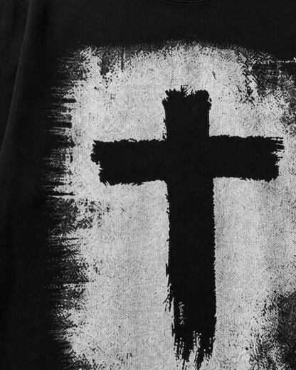 KIIKIO Vintage-Style Cross Print Long-Sleeve T-Shirt