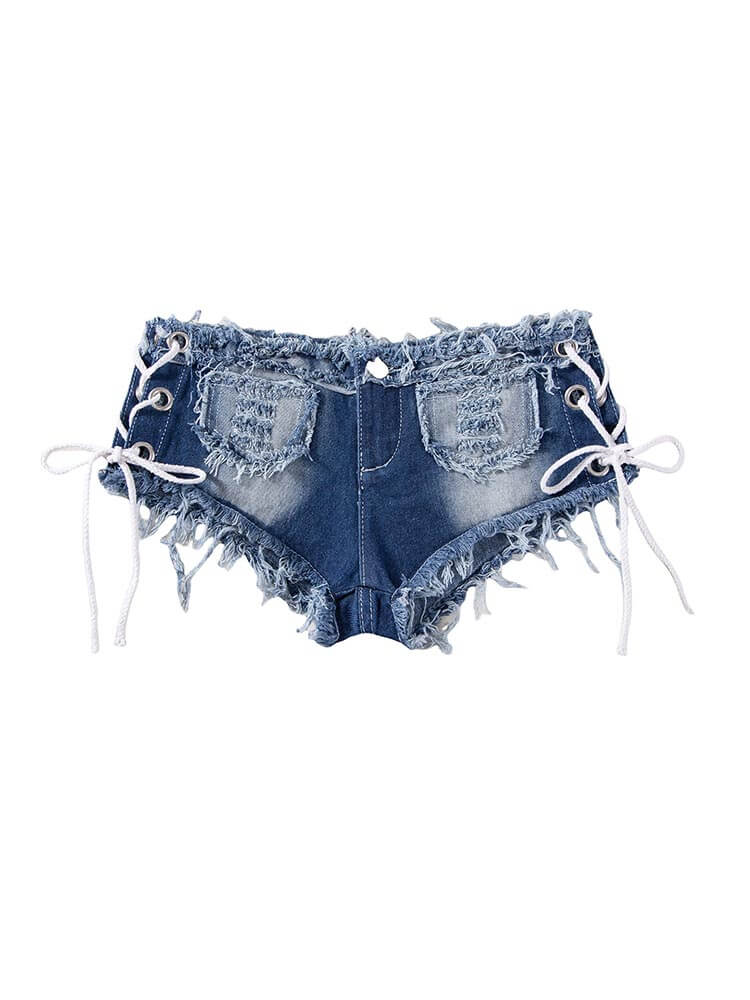 Sexy Side-Slit Tie-Up Low-Rise Frayed Hem Shorts