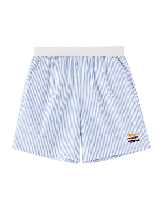 Men's Fish-Embroidered Vertical-Striped Shorts