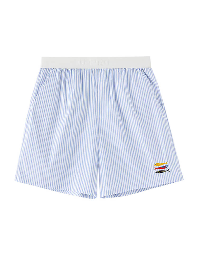 Men's Fish-Embroidered Vertical-Striped Shorts