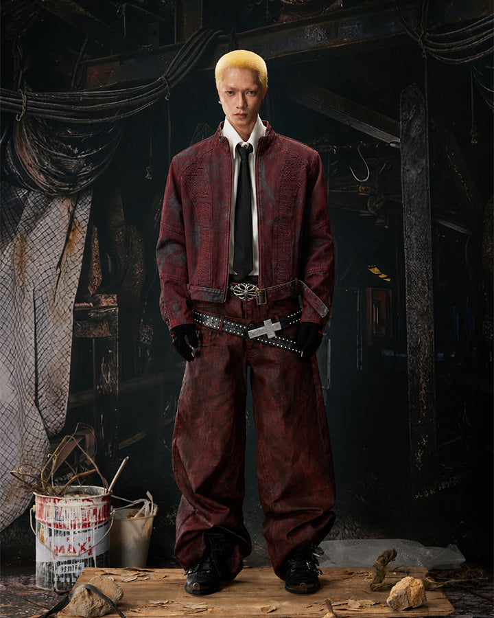 New Red Gothic Washed Belted Cropped Biker Jacket