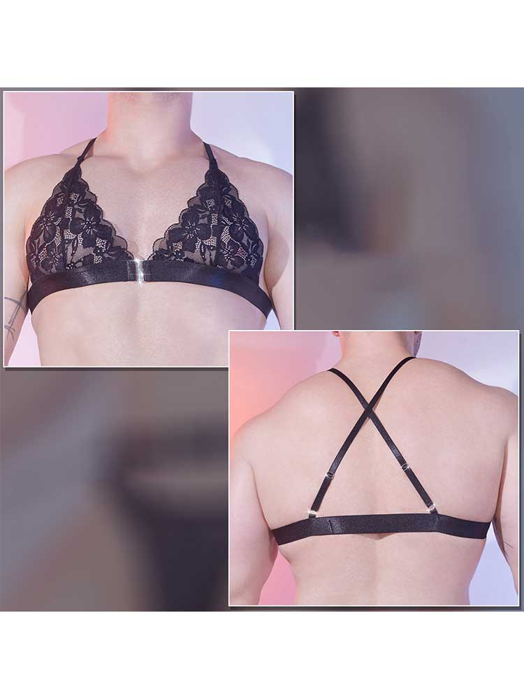 Men's Sexy Black Adjustable Lace Bra And Thong Set