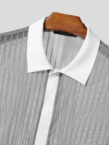 Men's Avant-Garde Two-Tone Contrast Collar Sheer Vertical Stripe Short Sleeve Polo Shirt SKUL74576