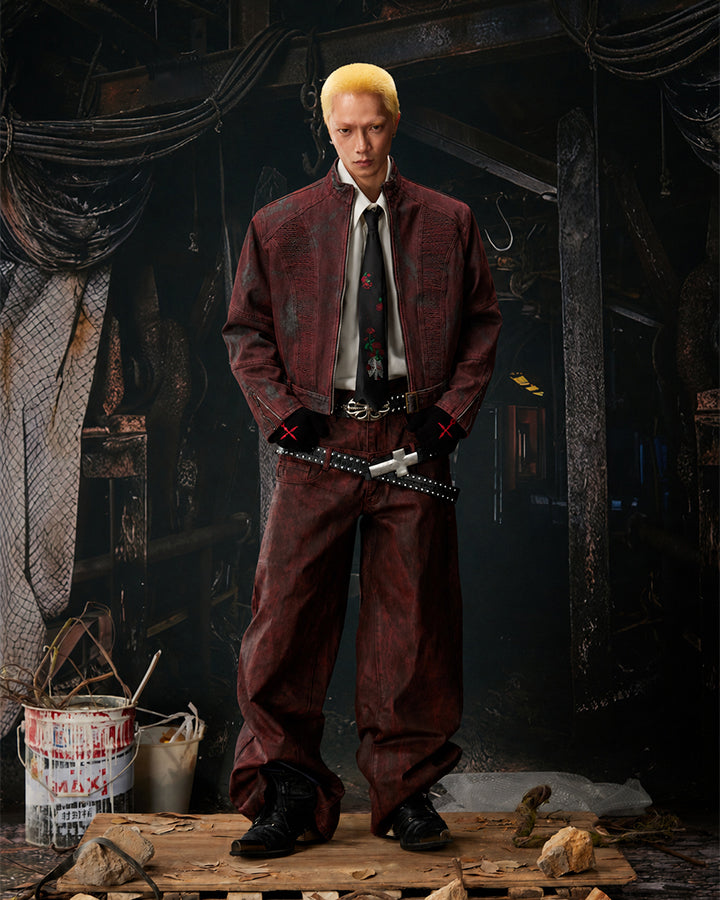 New Red Gothic Washed Belted Cropped Biker Jacket