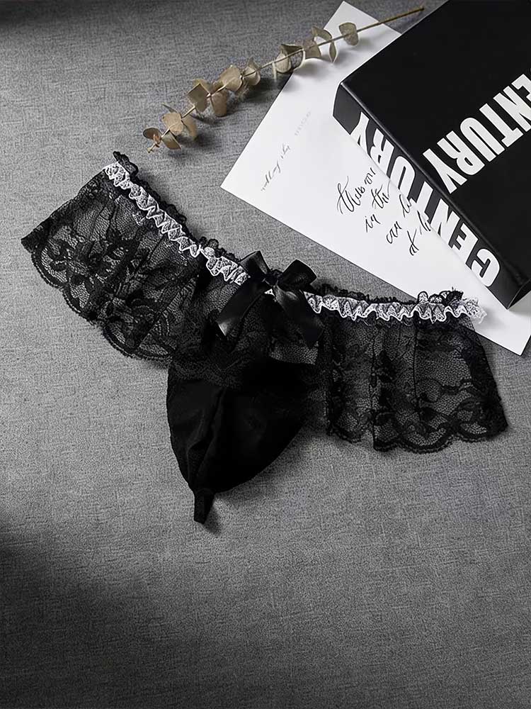 Men's Sexy Lace Bow Mesh Crossdressing Thong