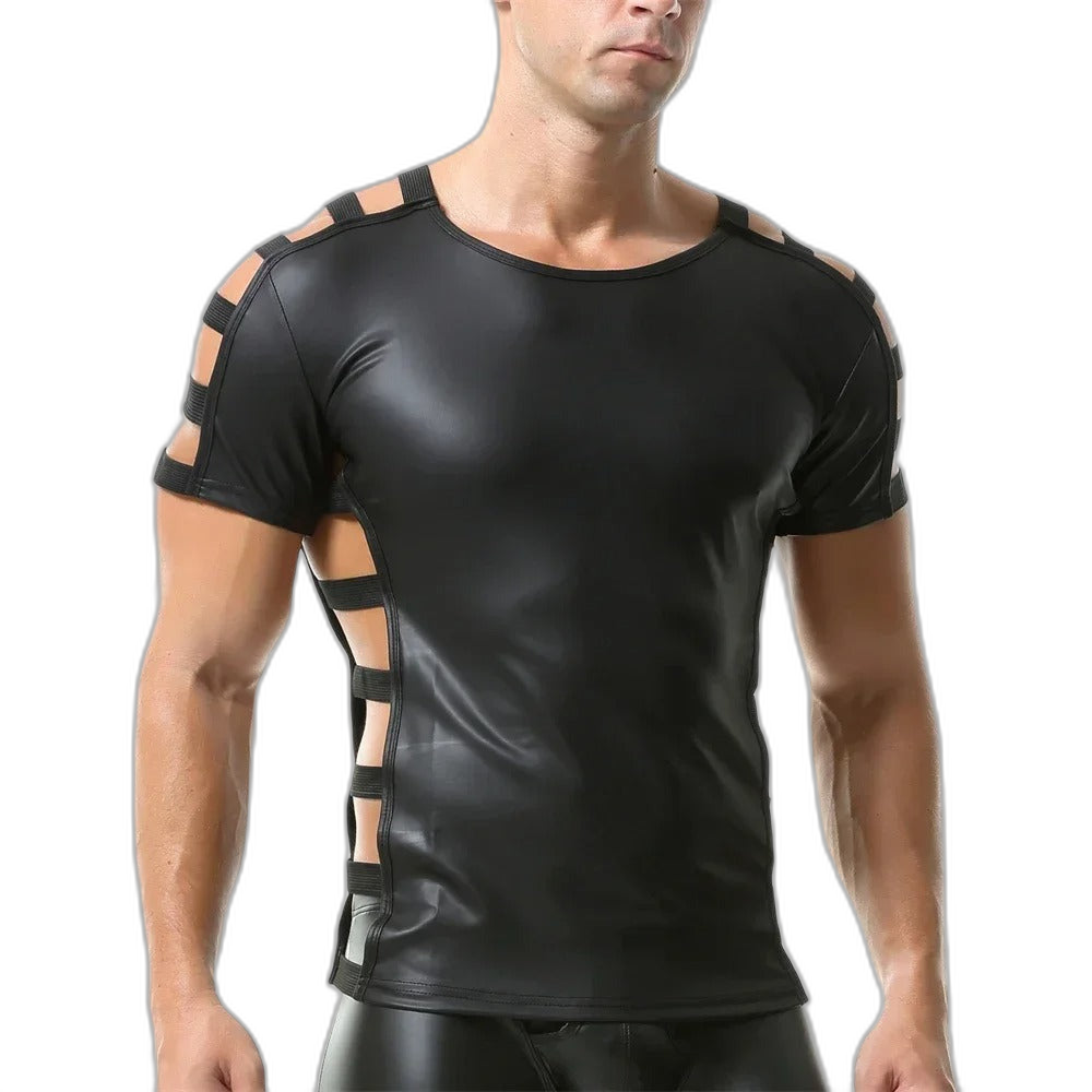Side Strap Open Leather Tee