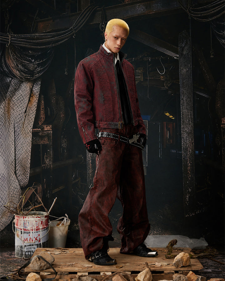 New Red Gothic Washed Belted Cropped Biker Jacket