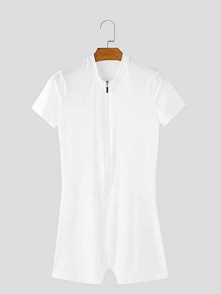 Men's Deep-V Zip Slim-Fit Short-Sleeve Bodysuit
