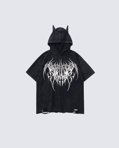 Gothic Hooded Skull Print T-shirt