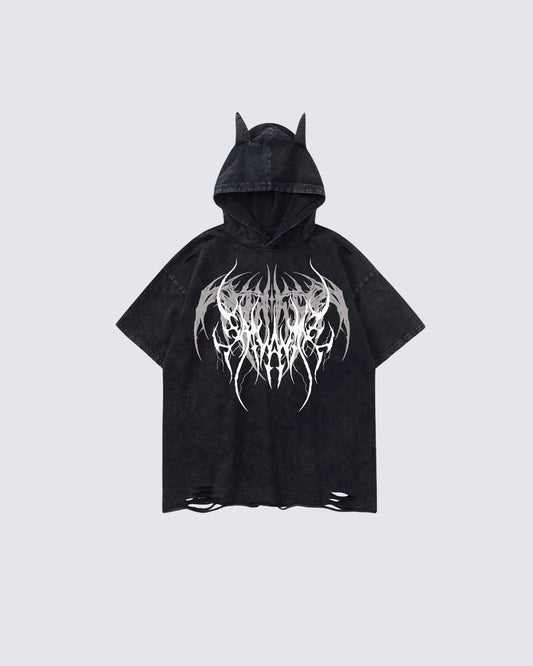 Gothic Hooded Skull Print T-shirt