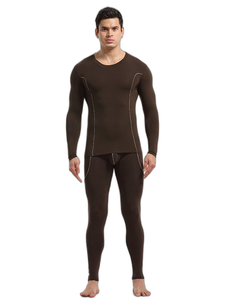 Men's Round Neck Solid Color Bamboo Fiber Thermal Underwear Set