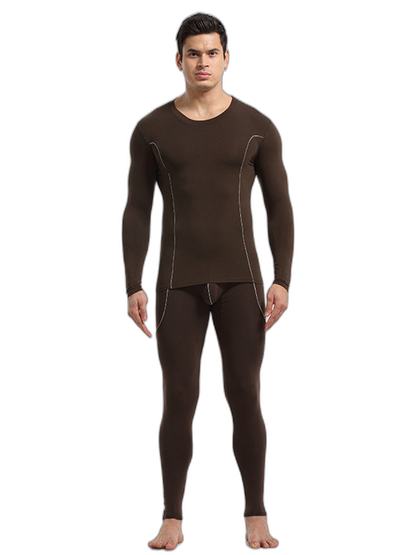 Men's Round Neck Solid Color Bamboo Fiber Thermal Underwear Set
