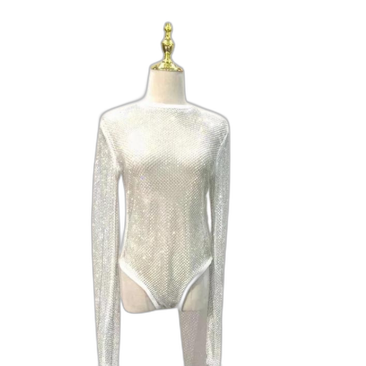 Women's Rhinestone Fishnet See-Through Sexy Bodysuit