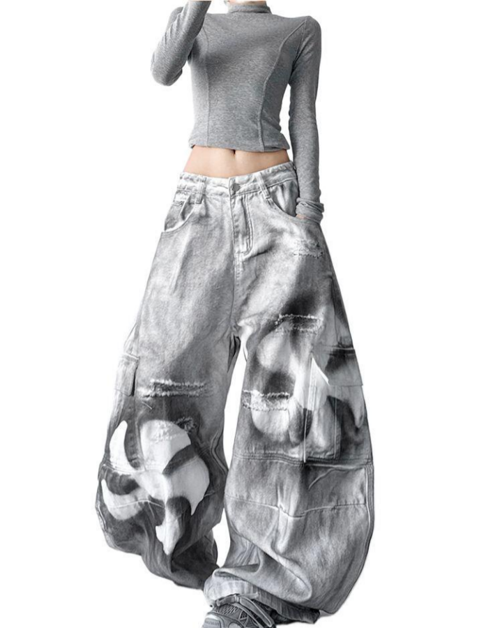 Painted Fan Design Denim Pants