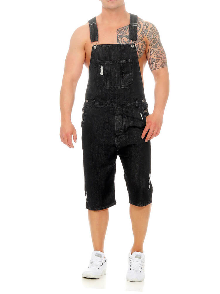 Men's Vintage Ripped Denim Overalls Shorts