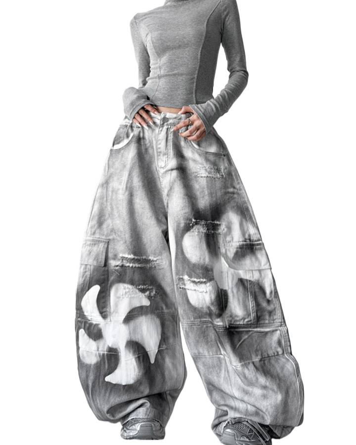 Painted Fan Design Denim Pants