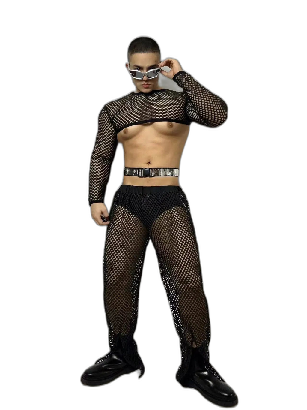 Fluorescent Fishnet See-Through Bodysuit Set