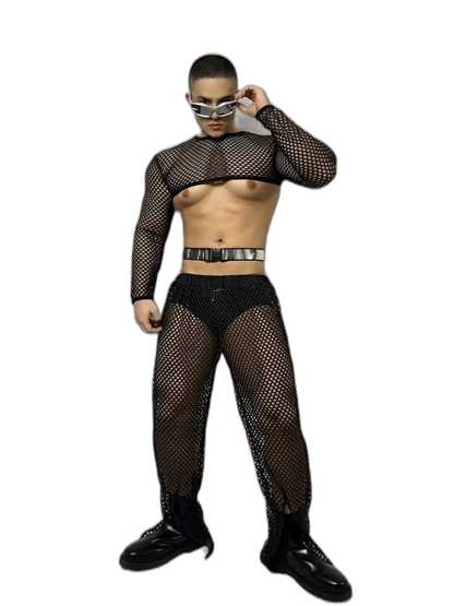 Fluorescent Fishnet See-Through Bodysuit Set