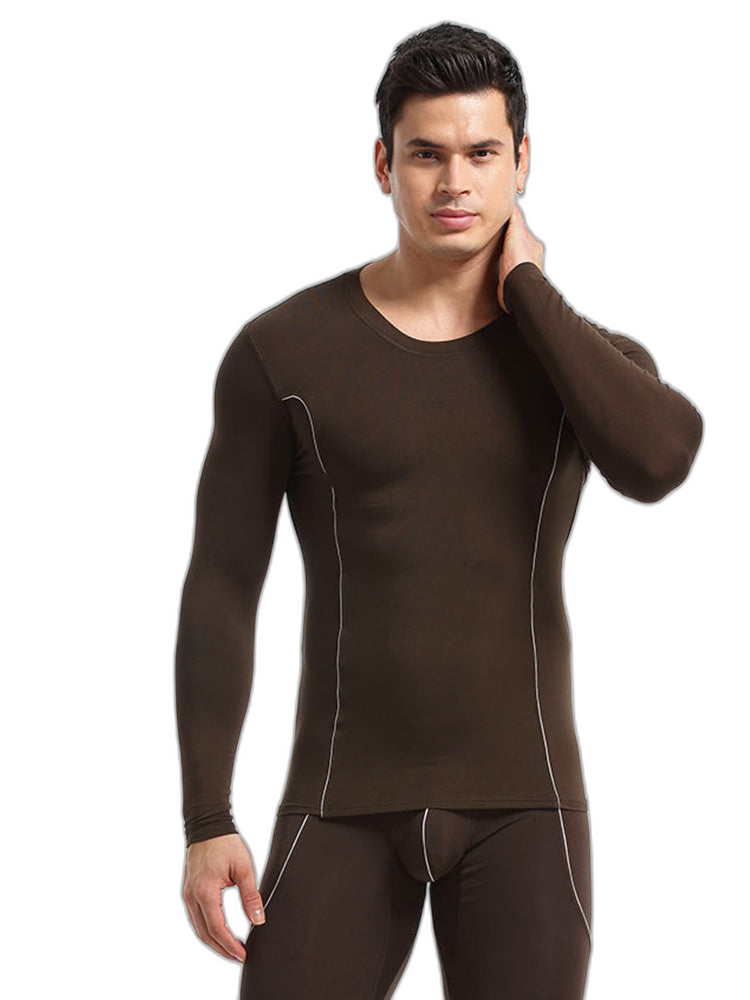 Men's Round Neck Solid Color Bamboo Fiber Thermal Underwear Set