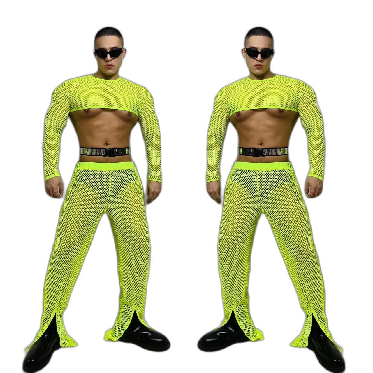 Fluorescent Fishnet See-Through Bodysuit Set