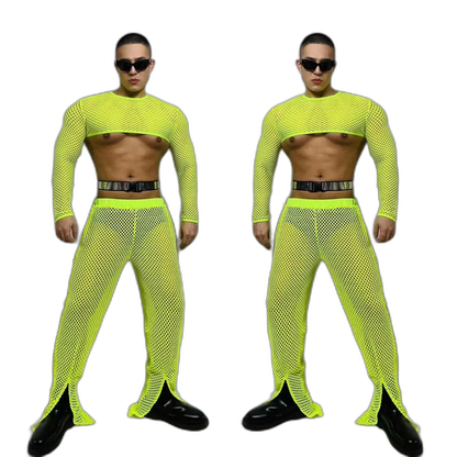Fluorescent Fishnet See-Through Bodysuit Set