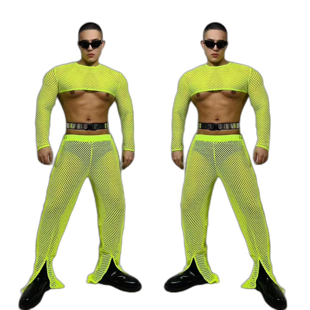Fluorescent Fishnet See-Through Bodysuit Set