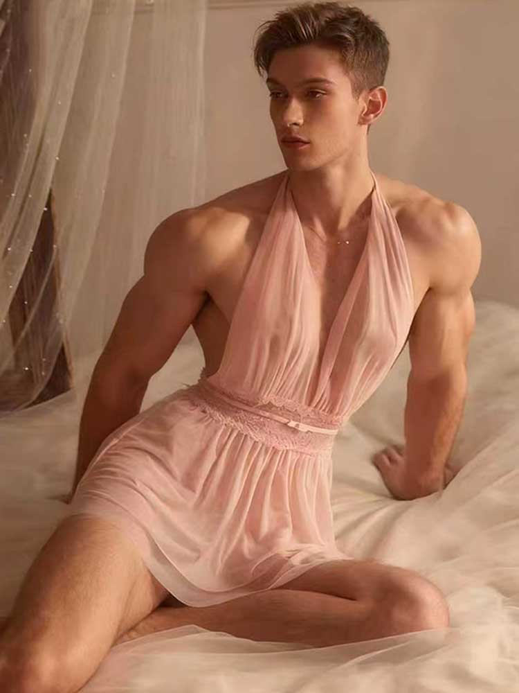 Men's Sexy Mesh Backless See-Through Halter Neck Dress
