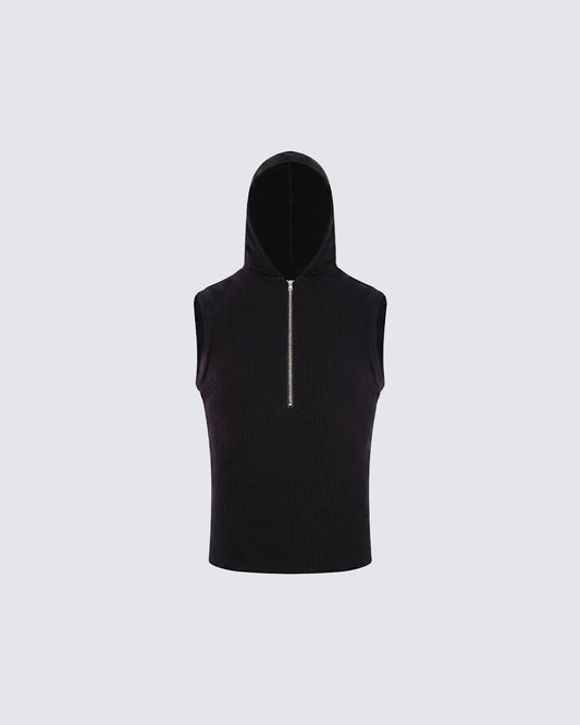 New Dark Ribbed Hooded Sleeveless Zip Knit Top
