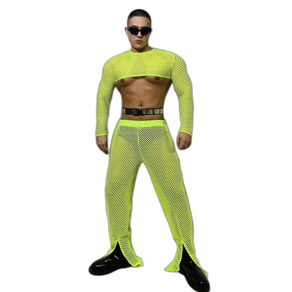 Fluorescent Fishnet See-Through Bodysuit Set