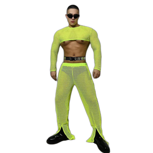 Fluorescent Fishnet See-Through Bodysuit Set