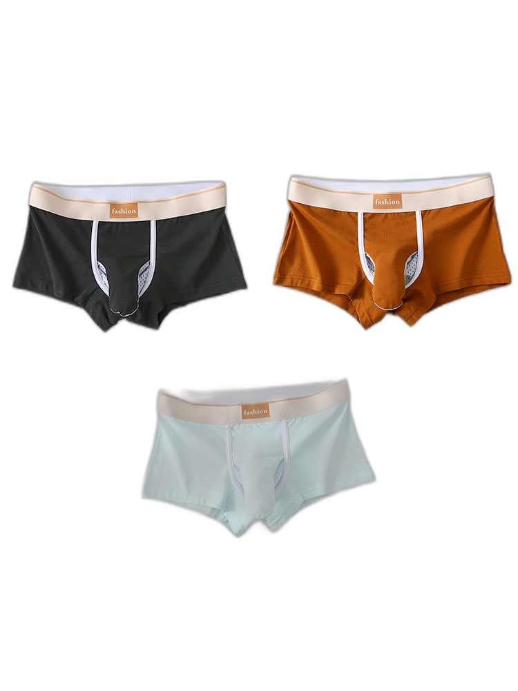 3 Pack Men's Elephant Trunk Separate Cotton Sexy Mid-Rise Solid Color Trunks