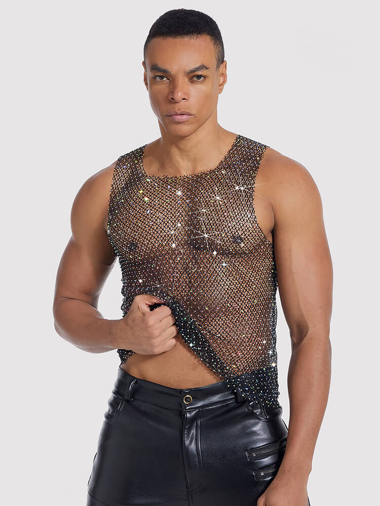 Men's Rhinestones Fishnet See Through Tank Top