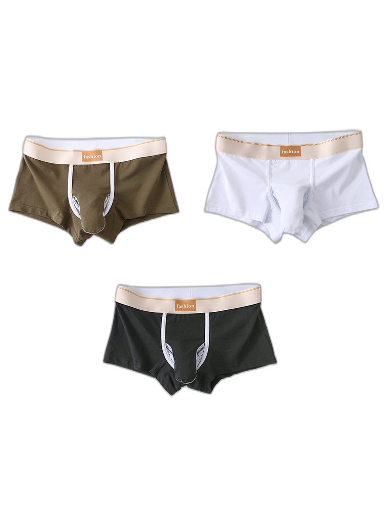 3 Pack Men's Elephant Trunk Separate Cotton Sexy Mid-Rise Solid Color Trunks
