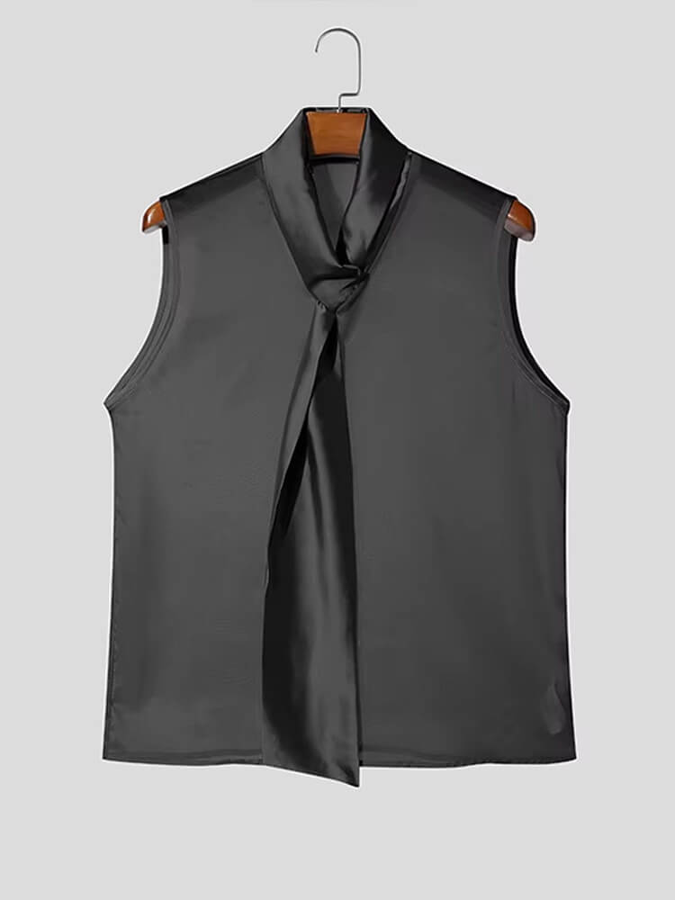 Men's Sexy Sheer Mesh Satin Neck Tie Tank Top