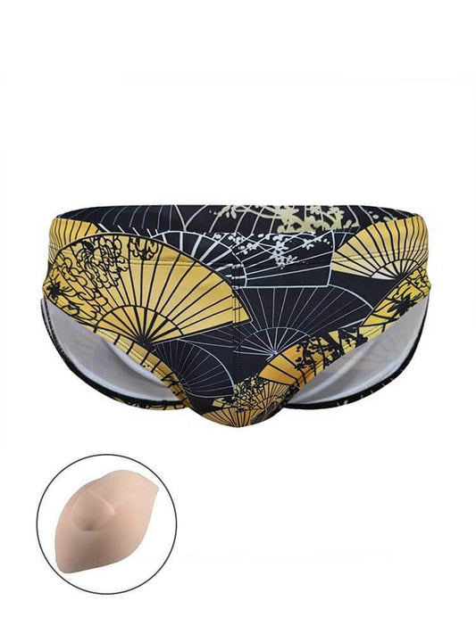 Men's Sexy Folding Fan Print Quick-Drying Swim Briefs 