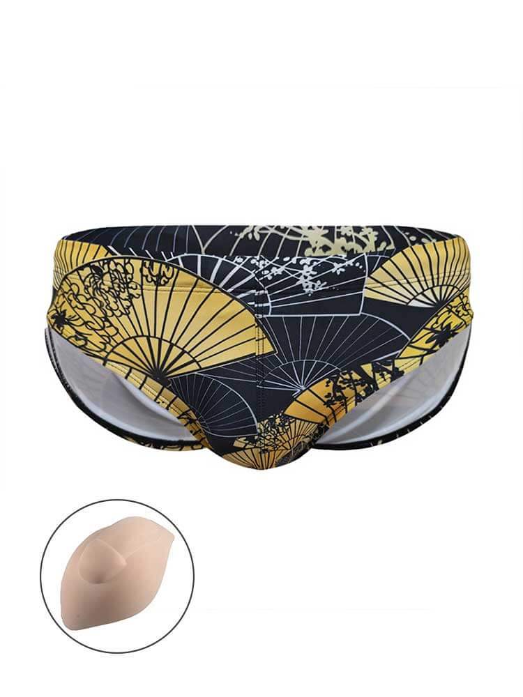 Men's Sexy Folding Fan Print Quick-Drying Swim Briefs