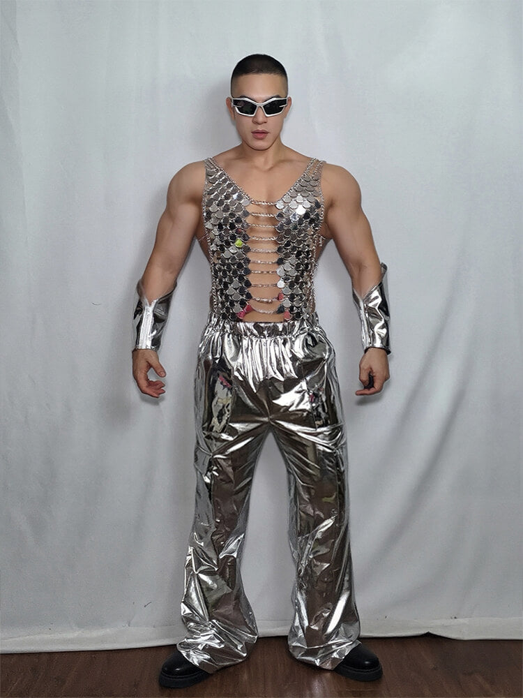 Men's Sexy Futuristic Silver Sequin Performance Costume Set