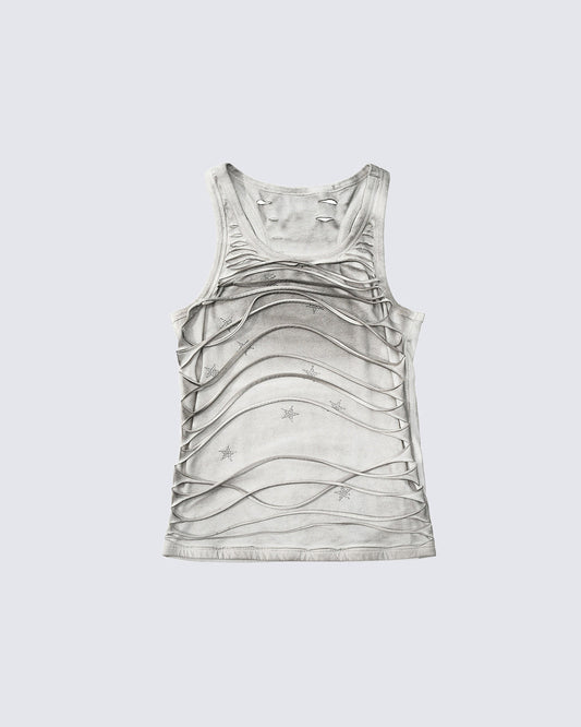 Grunge Acid Wash Star Rhinestone Cutout Ribbed Tank Top