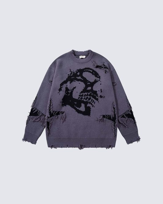 American Retro Skull Jacquard Raw-Edge Long-Sleeve Sweater