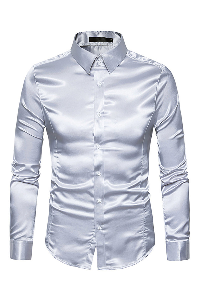 Satin Button Turndown Collar Slim Semi Formal Long Sleeve Shirt
