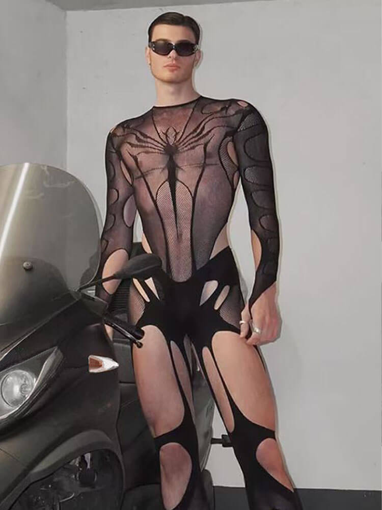 Men's Sexy Hollow Long Sleeve Fishnet Bodysuit