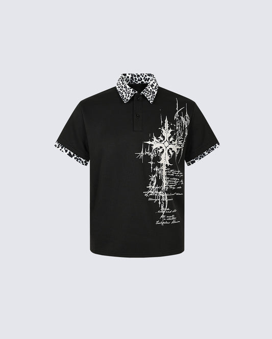 Graphic Print Leopard Collar Polo