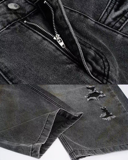Grunge New Washed Distressed Wide Denim Pants
