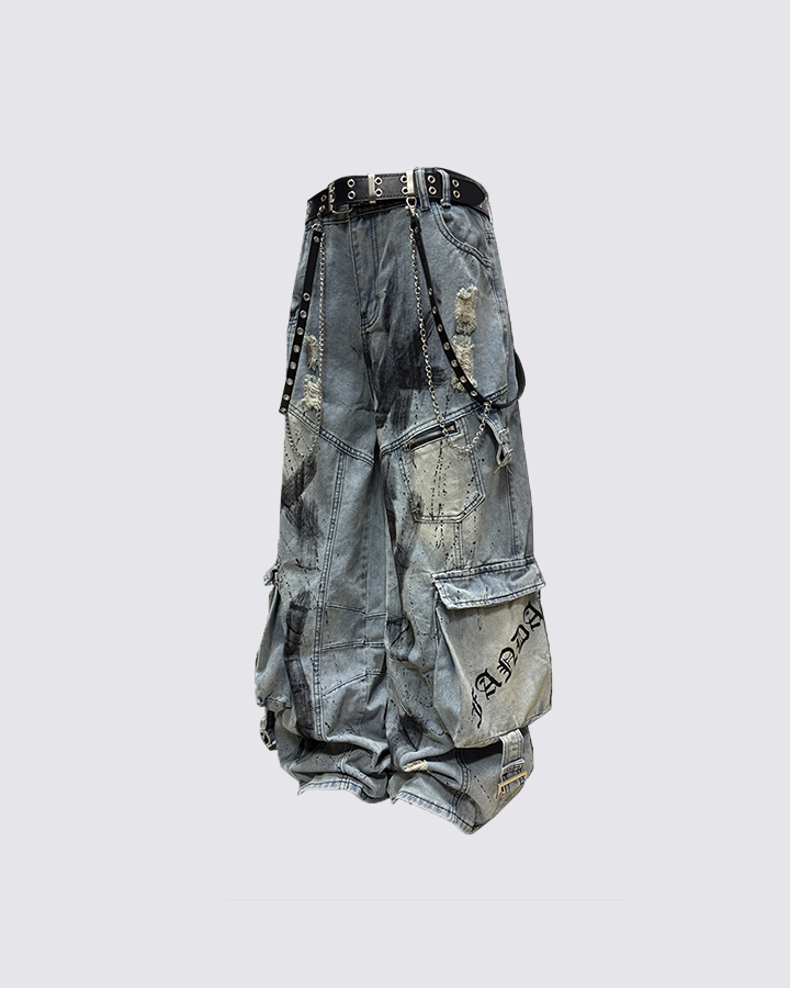 Streetwear Cargo Denim Pants（Free Belt and Chain Included）